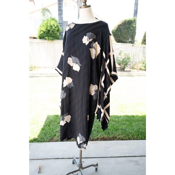 100% Vintage Mod Kaftan Dress Long Sleeve Black Floral Flowy - Picture 4 of 9